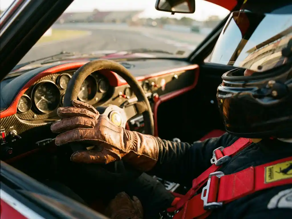 Lederhandschuh am Steuer eines Ferrari-Rennwagens, Sicherheitsgurt sichtbar, Helmvisier spiegelt sonnenbeschienene Rennstrecke wider.