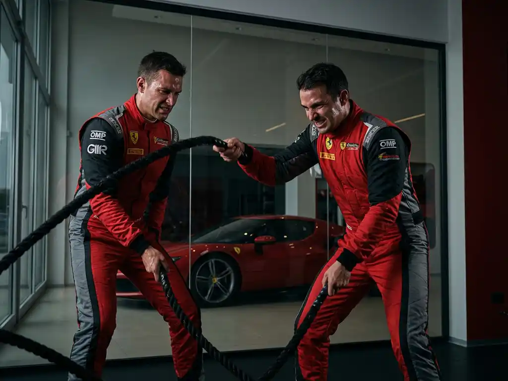 Ferrari-Challenge-Fahrer im Rennanzug trainiert mit Battle Ropes im Gym, roter Ferrari 296 GT3 durch Glaswand im Hintergrund.