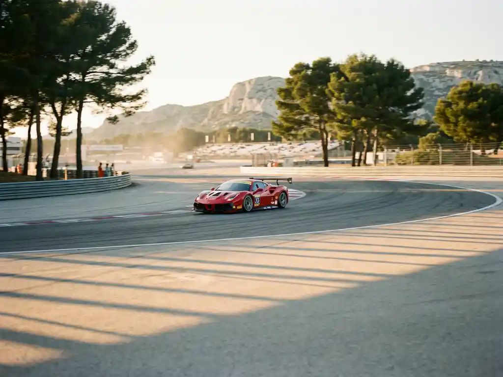 Roter Ferrari Challenge-Rennwagen in Hochgeschwindigkeitskurve auf dem Circuit Paul Ricard, Provence-Pinien und Kalksteinhügel im Hintergrund.