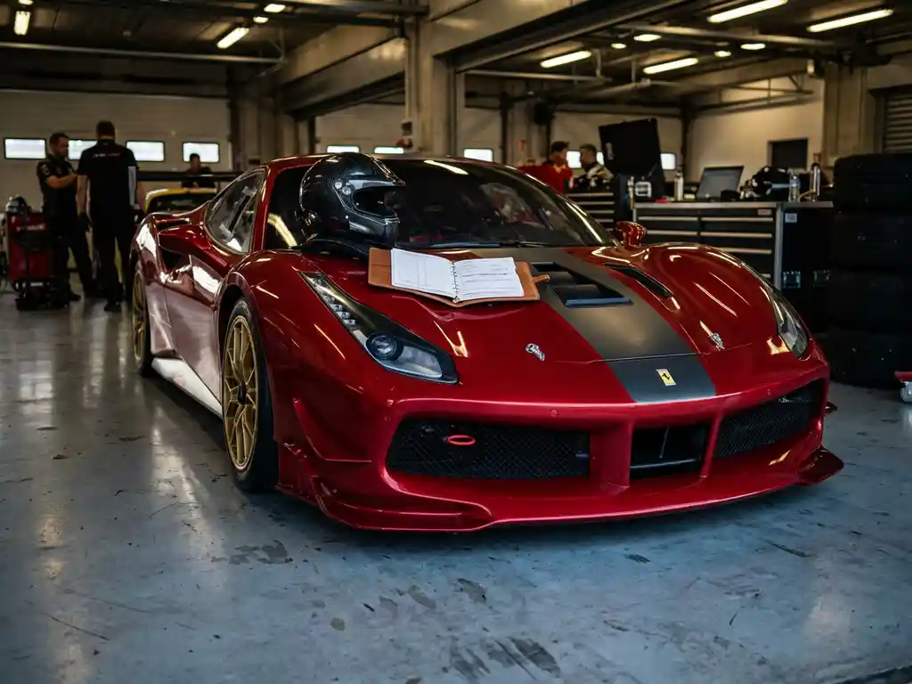 Ferrari Challenge Rennwagen in Boxengasse mit Helm und Logbuch auf der Motorhaube, dramatisches Rot im Gegenlicht.