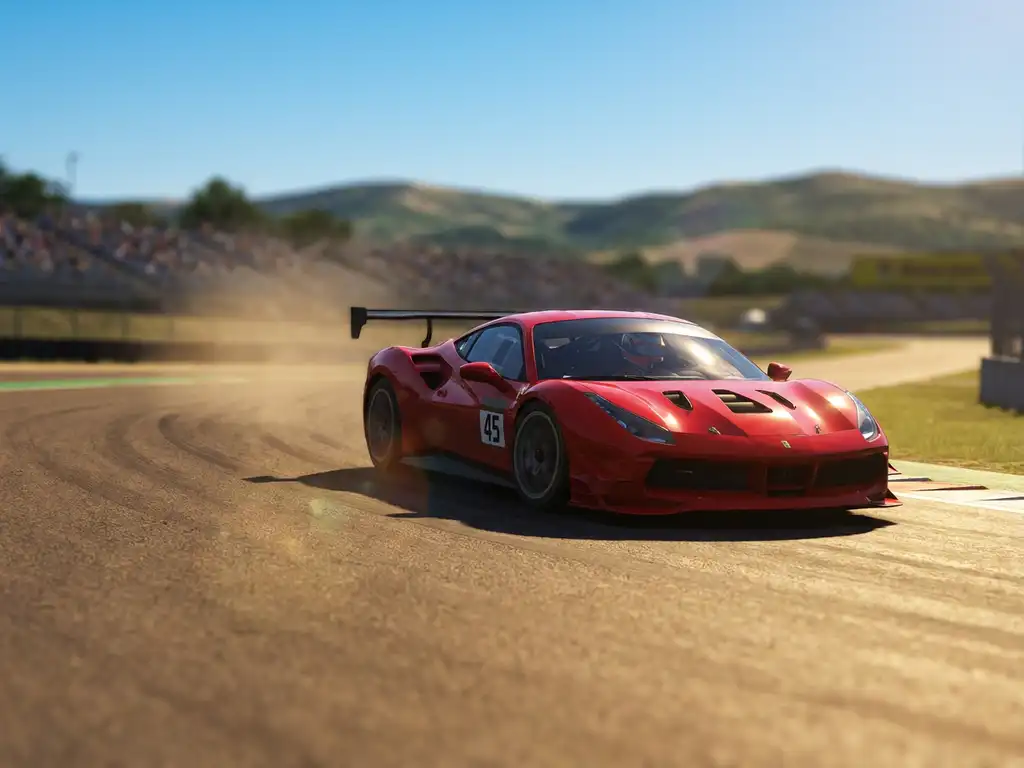 Roter Ferrari Challenge Rennwagen in schneller Kurve auf europäischer Rennstrecke, Froschperspektive, Tribünen und grüne Hügel im Bokeh.