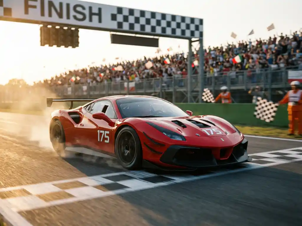 Roter Ferrari Rennwagen Nummer 175 überquert die Ziellinie auf einem europäischen Circuit, Zuschauertribüne unscharf im Hintergrund.