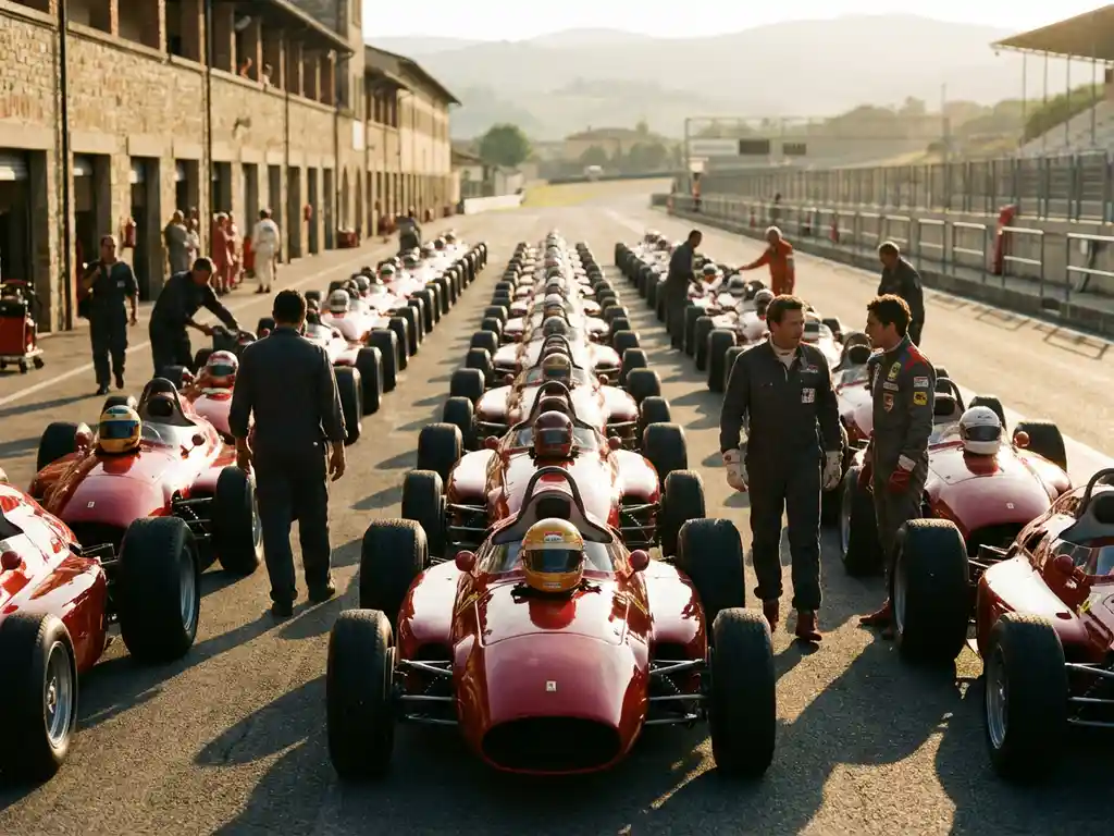 Reihe roter Ferrari-Rennwagen in der Boxengasse eines europäischen Circuits, Mechaniker in Rennanzügen im goldenen Nachmittagslicht.