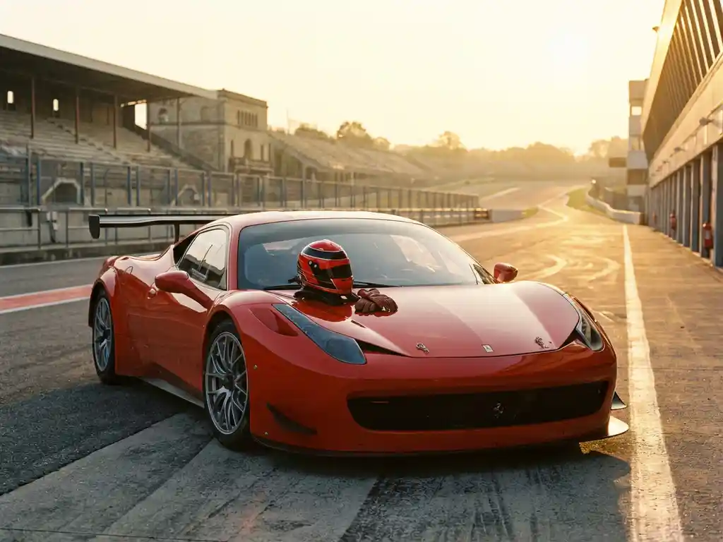 Roter Ferrari-Rennwagen am Boxeneingang einer europäischen Rennstrecke, Helm und Handschuhe auf der Motorhaube, leere Tribünen im Hintergrund.