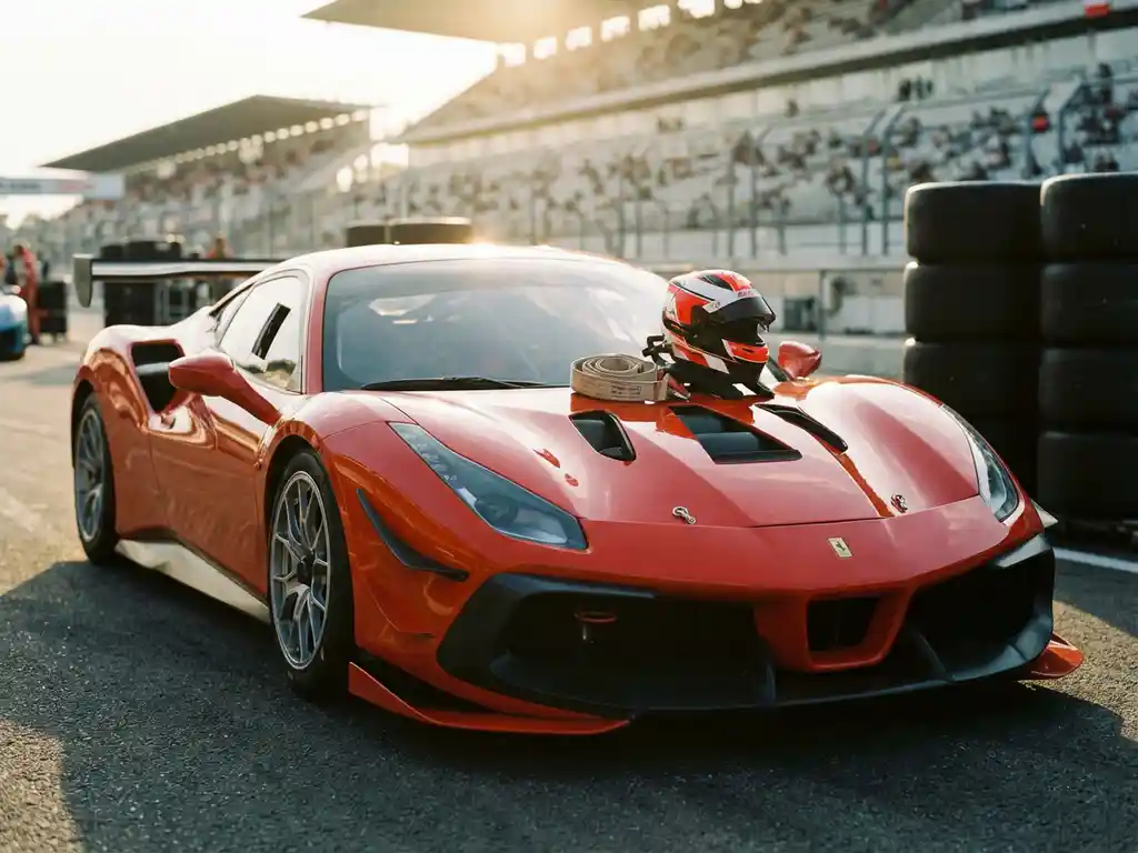 Roter Ferrari-Rennwagen in sonnenbeschienener Boxengasse mit Helm und Gurt auf der Motorhaube, unscharfe Tribünen im Hintergrund.