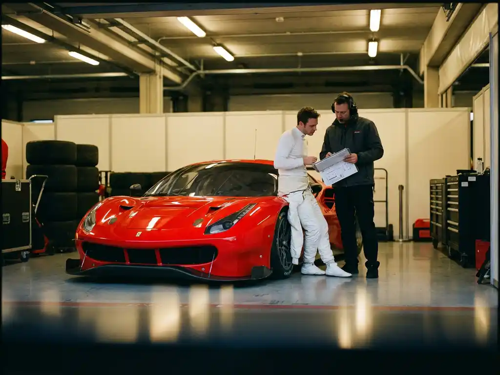 Formel-Rennfahrer im weißen Overall bespricht Strategie mit Ingenieur neben rotem Ferrari in der Boxengasse.