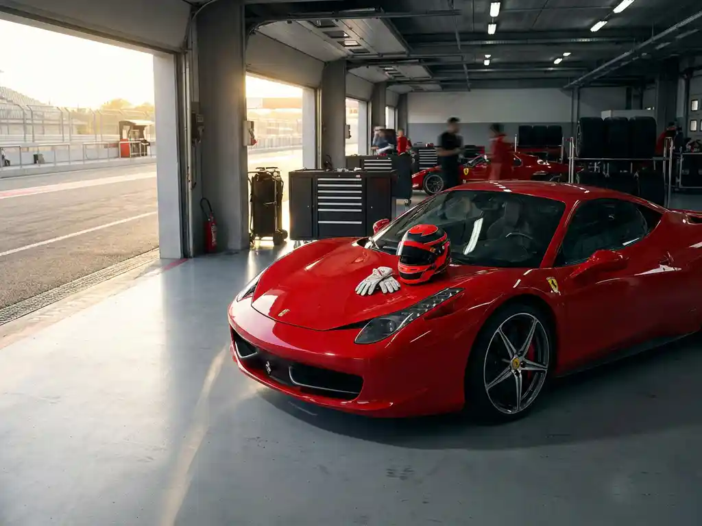Roter Ferrari in der Boxengasse mit Rennhelm und weißen Handschuhen auf der Motorhaube, goldenes Mittagslicht fällt durch das geöffnete Garagentor.