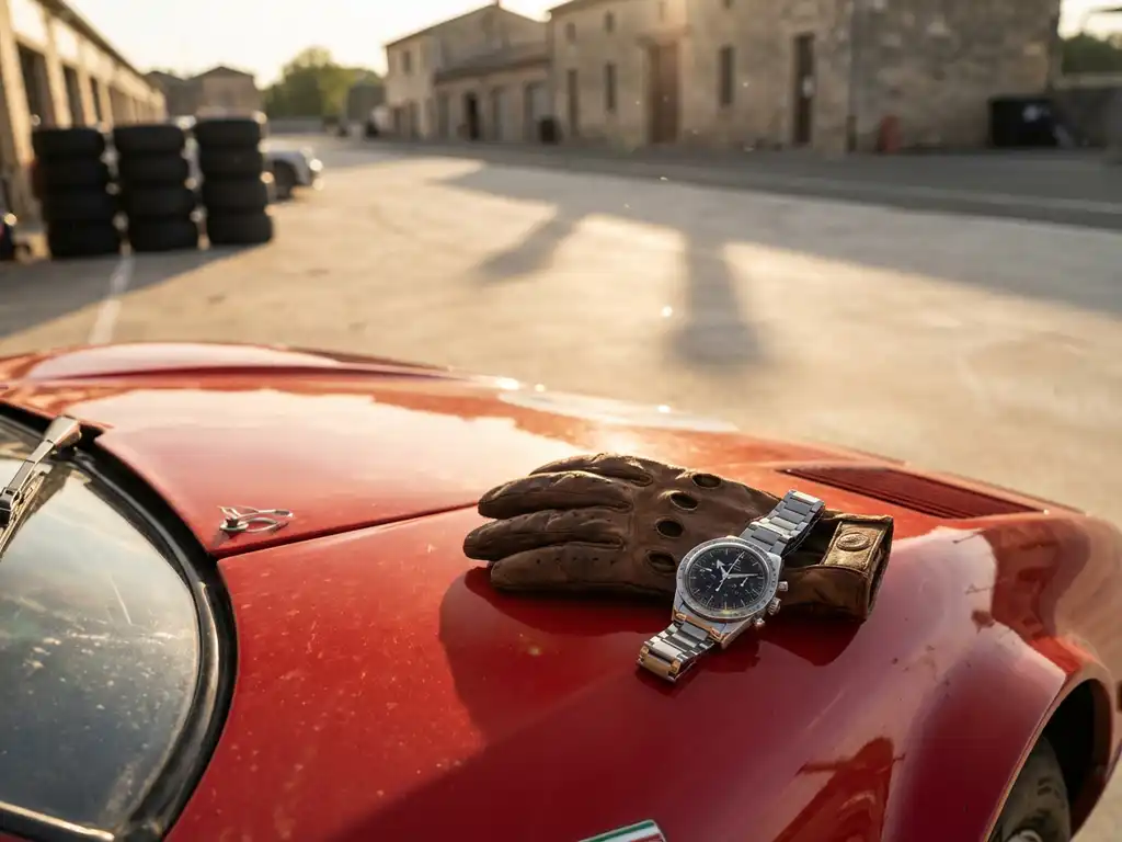 Roter Ferrari in sonnenbeschienem Fahrerlager mit verwittertem Lederhandschuh und Chronograph auf der Motorhaube.