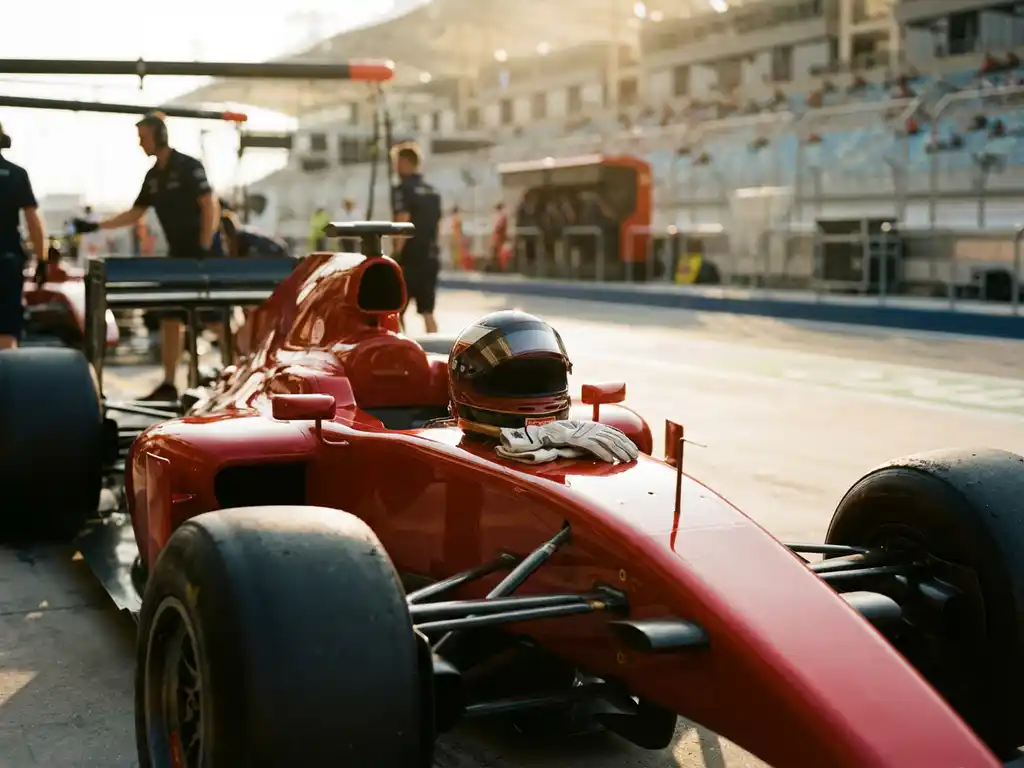 Roter Ferrari-Rennwagen in der Boxengasse mit Rennhelm und weißen Handschuhen auf der Motorhaube, sonnenbeschienene Tribünen im Hintergrund.