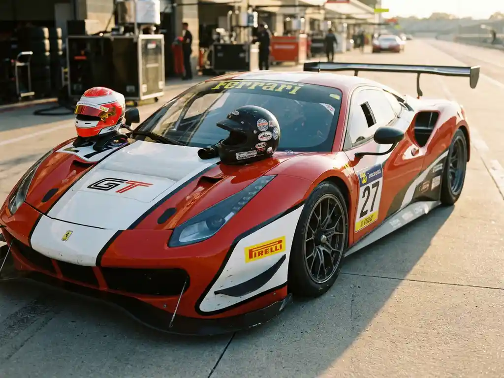 Ferrari-Rennauto in der Boxengasse mit professionellem Rennhelm und einfachem Clubrennsport-Helm auf der Motorhaube im Vergleich.