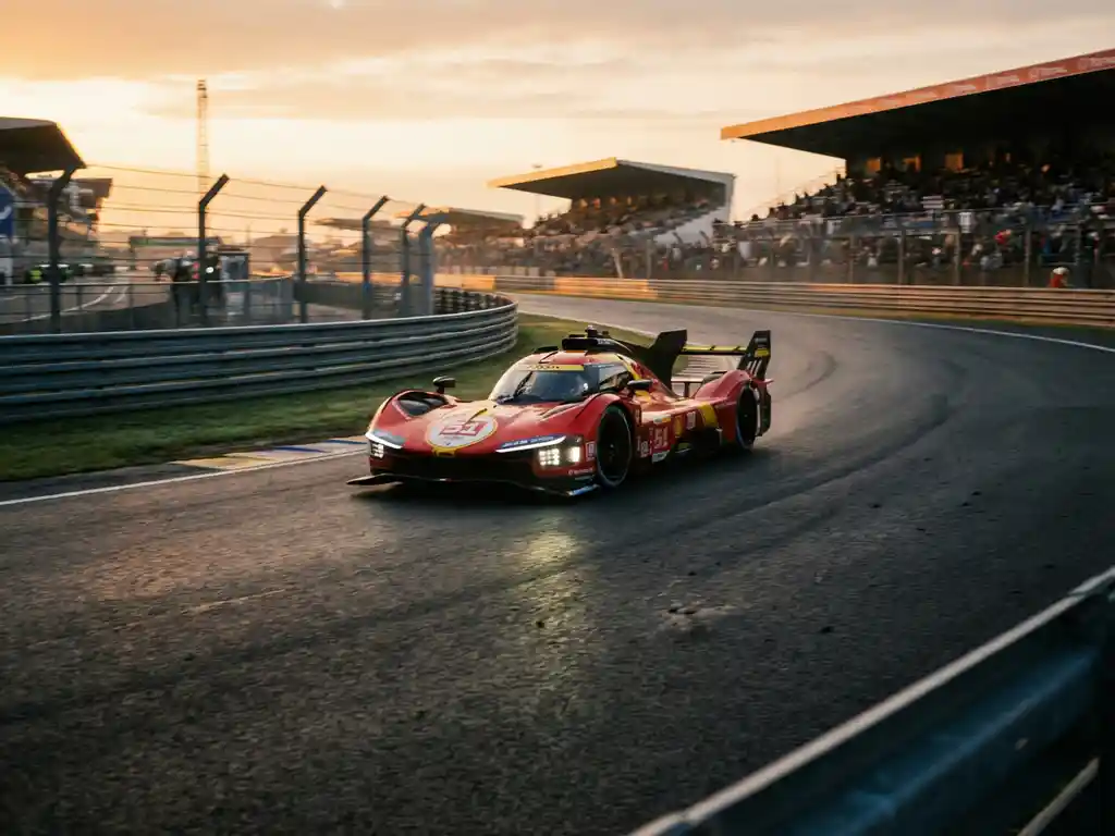 Roter Ferrari-Rennwagen in schneller Kurvenfahrt auf einem Rundkurs, taubedeckter Asphalt, goldenes Morgenlicht.