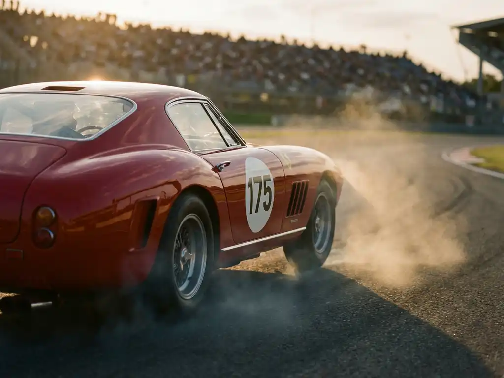 Roter Ferrari Rennwagen Nummer 175 in schneller Kurvenfahrt auf sonnenbeschienemem europäischen Rundkurs mit verschwommenem Tribünenhintergrund.