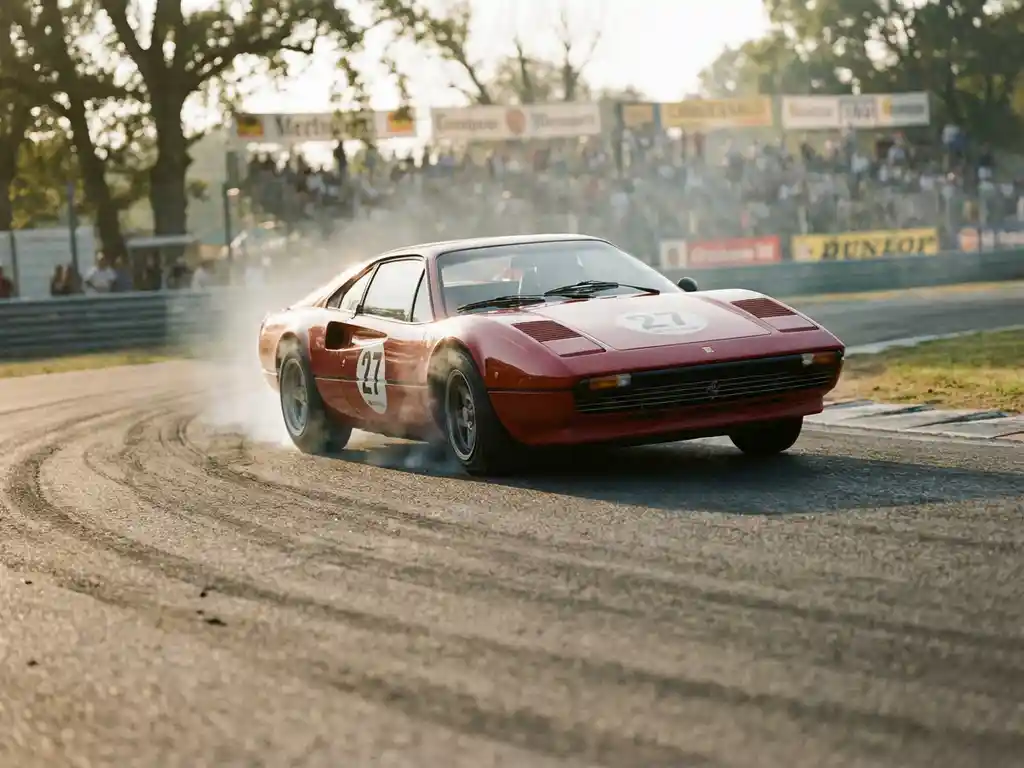 Ferrari-Rennwagen in enger Kurve auf europäischer Rennstrecke, Vorderreifen unter Bremslast, Tribünen unscharf im Hintergrund.