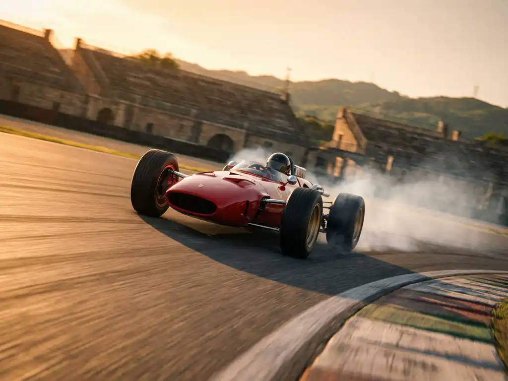 Roter Ferrari-Rennwagen in scharfer Kurvenfahrt auf europäischer Rennstrecke, Reifenrauch, sonnenbeschienene Tribünen im Hintergrund.
