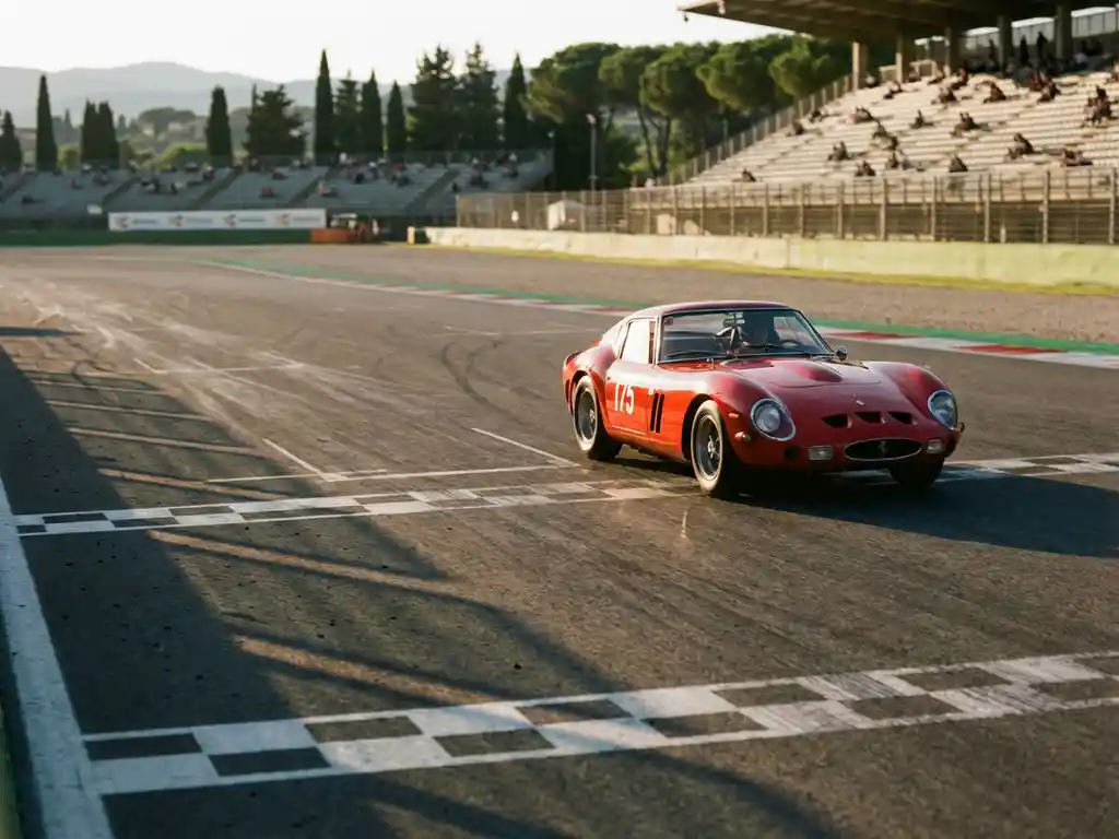 Ferrari-Rennwagen Nummer 175 in der Kurve auf einer europäischen Rennstrecke im goldenen Abendlicht.