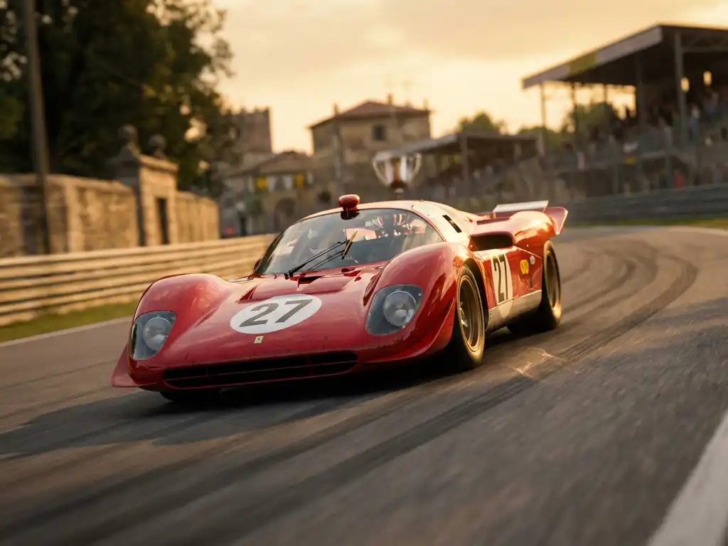 Roter Ferrari-Rennwagen in schneller Kurvenfahrt auf historischer europäischer Rennstrecke, goldenes Abendlicht, Tribünen im Hintergrund.