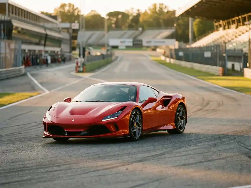 Roter Ferrari-Rennwagen in schneller Kurvenfahrt auf europäischer Rennstrecke im goldenen Abendlicht.