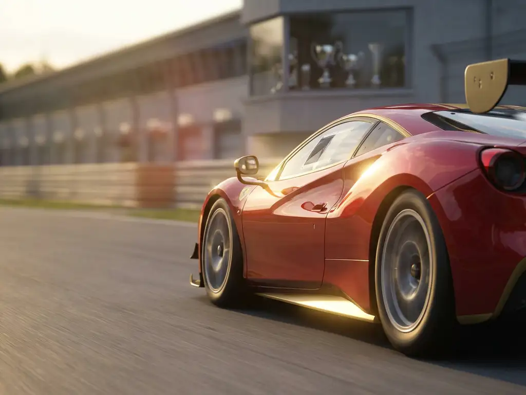 Ferrari-Rennwagen in der Kurve auf einer europäischen Rennstrecke, goldenes Nachmittagslicht spiegelt sich auf dem roten Lack.