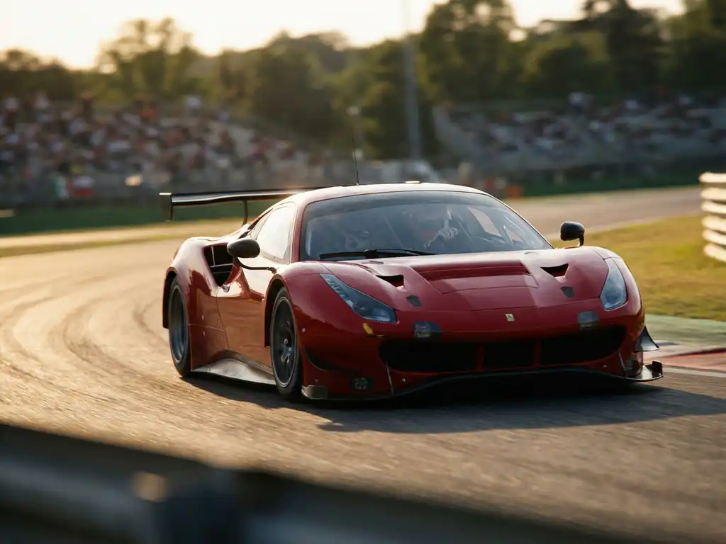 Roter Ferrari-Rennwagen beim Herausbeschleunigen aus einer Kurve auf sonnenbeschienener europäischer Rennstrecke, Fahrer im Cockpit.