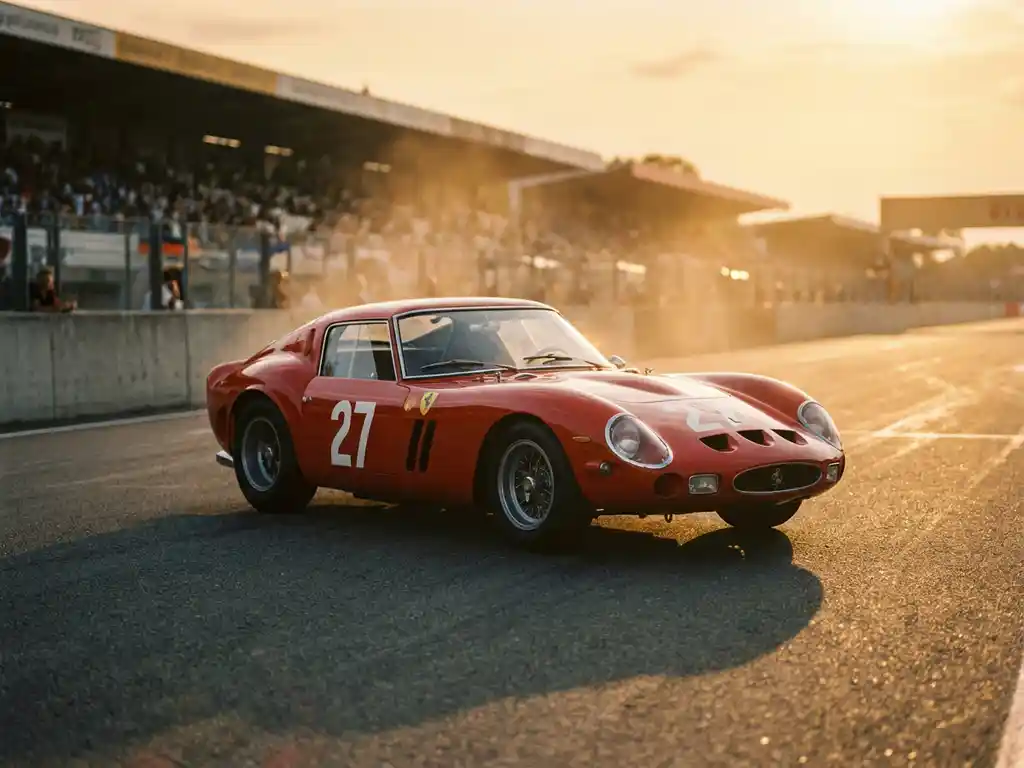 Roter Ferrari-Rennwagen auf sonnenbeschienem europäischen Rundkurs, Boxengasse und Tribünen unscharf im Hintergrund, goldenes Nachmittagslicht.