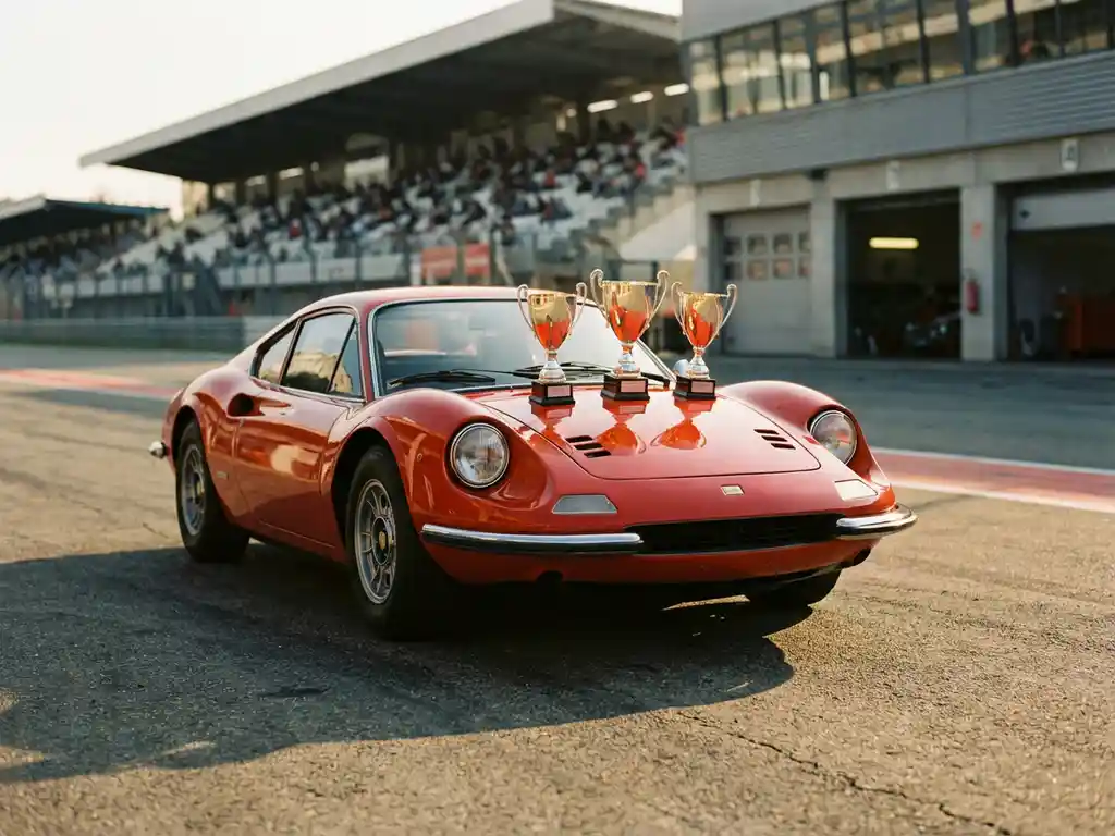 Roter Ferrari-Rennwagen in der Boxengasse mit drei Siegerpokalen auf der Motorhaube, europäische Rennstrecke im Hintergrund.