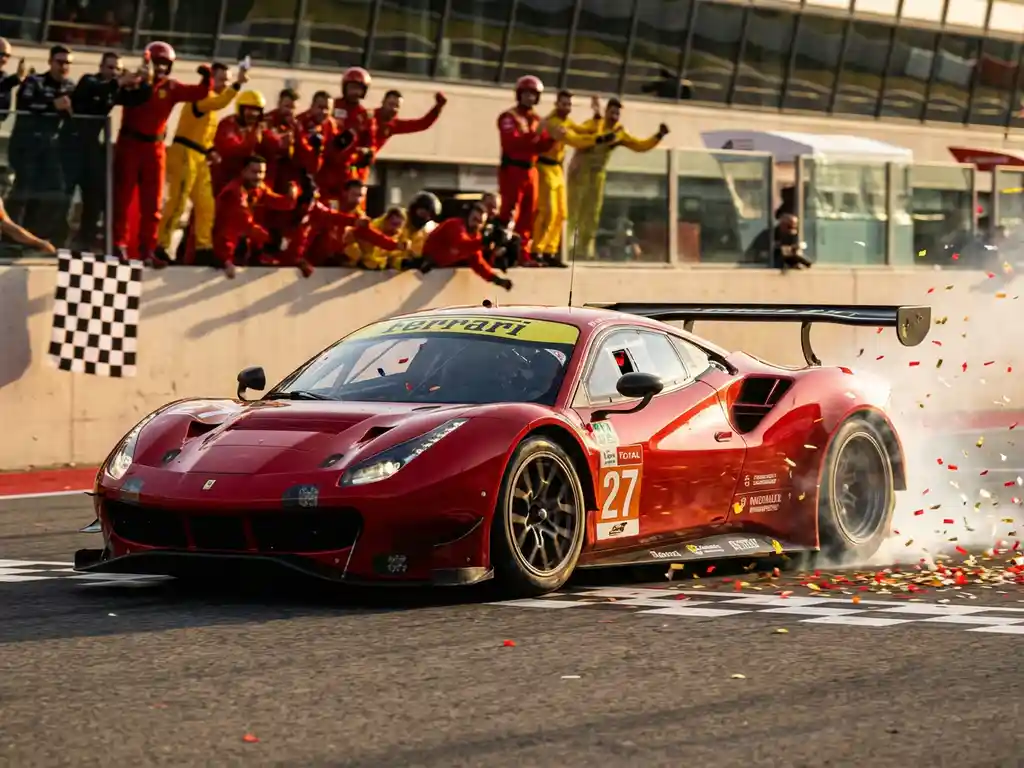 Roter Ferrari-Rennwagen überquert die Ziellinie auf europäischer Rennstrecke, Konfetti und Reifenrauch in der Abendsonne.