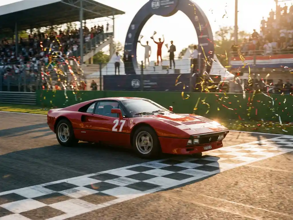 Roter Ferrari überquert die Ziellinie auf einem europäischen Rennkurs, Konfetti und Siegerpodium im goldenen Nachmittagslicht.