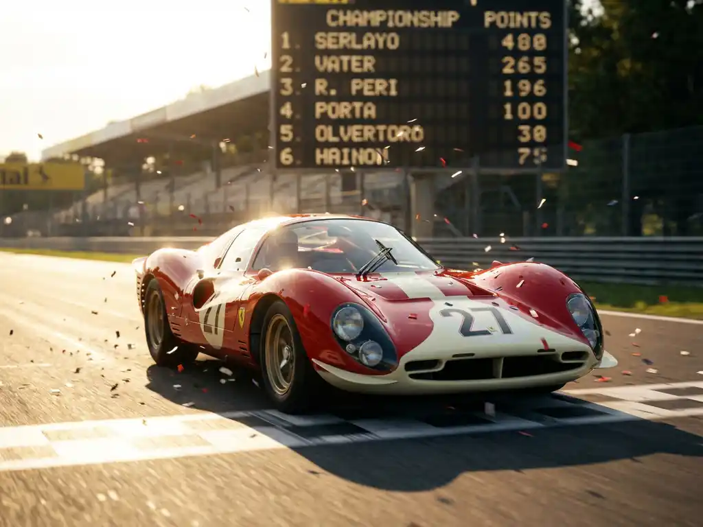 Roter Ferrari-Rennwagen überquert die Ziellinie auf einem europäischen Circuit, Konfetti in der Luft, goldenes Nachmittagslicht.
