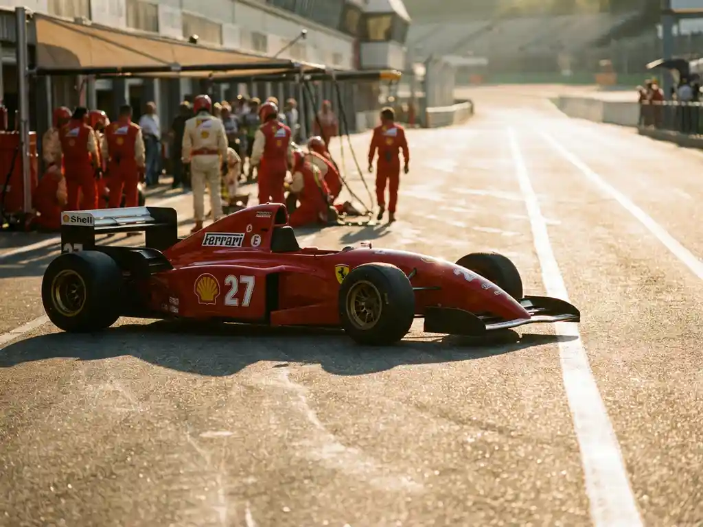 Roter Ferrari-Rennwagen auf europäischer Rennstrecke im Nachmittagslicht, Boxencrew im Hintergrund, flimmernder Asphalt.