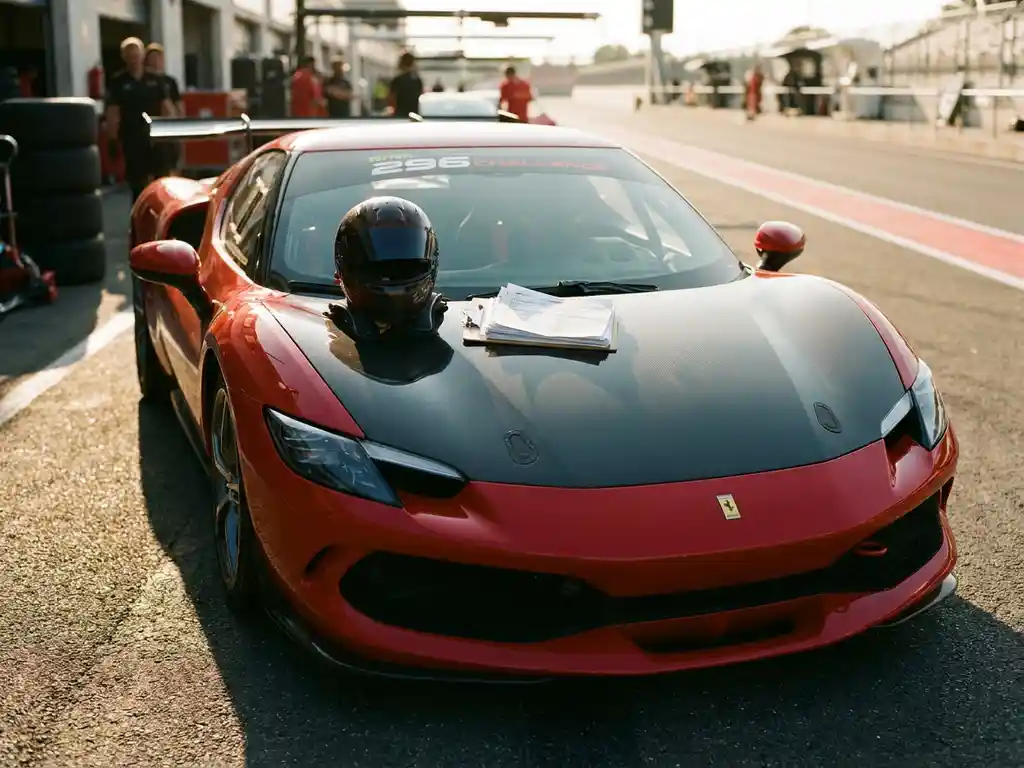 Ferrari 296 Challenge auf sonnenbeschienem Boxenweg mit Rennhelm und Startunterlagen auf der Motorhaube im goldenen Abendlicht.