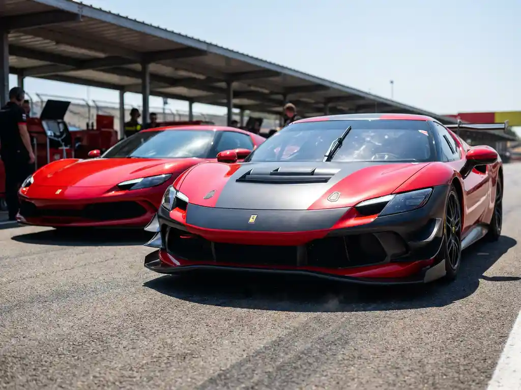 Ferrari 296 Challenge Rennauto auf sonnenbeschienener Boxengasse mit 296 GTB im Hintergrund, Rosso Corsa und Carbon-Aerodynamik.