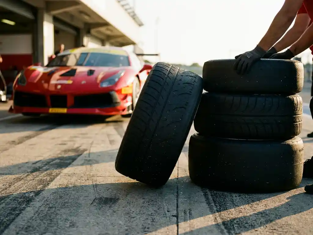Slick-Rennreifen auf der Boxengasse, Mechaniker in Handschuhen hält Pneu aufrecht, unscharfer Ferrari 488 Challenge in Rosso Corsa im Hintergrund.