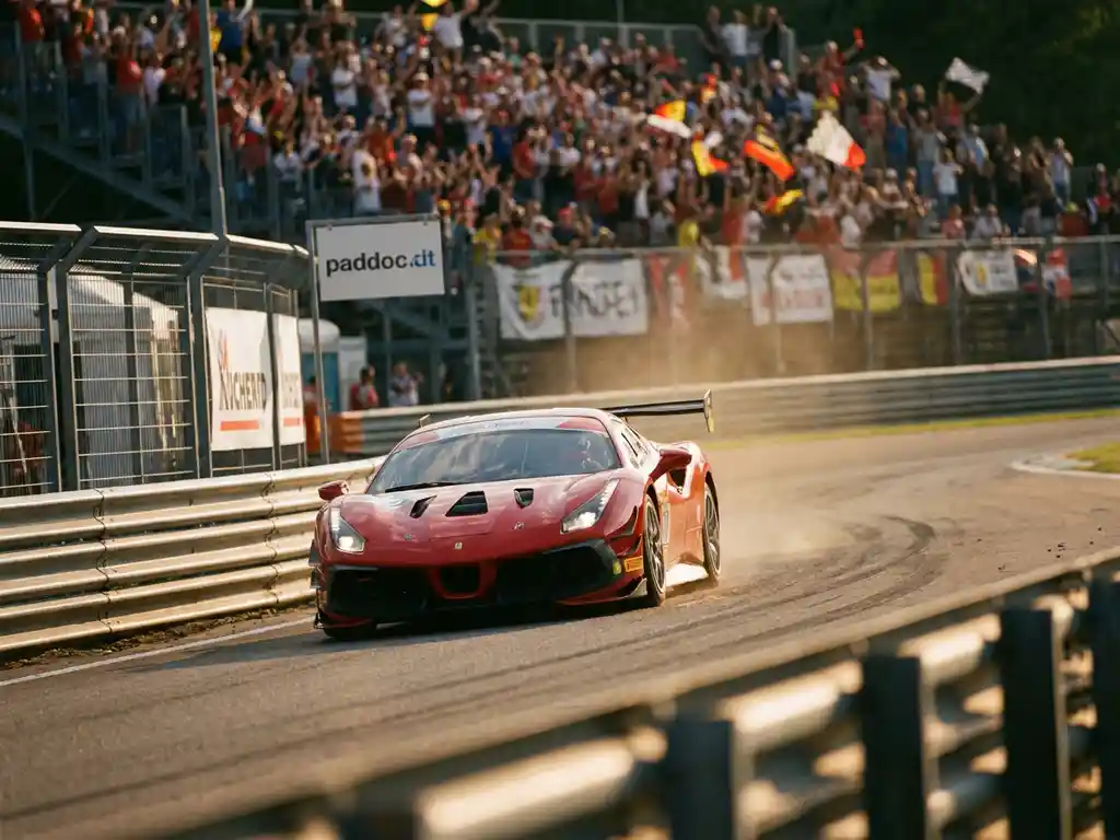 Roter Ferrari Challenge Rennwagen in schneller Kurve, vollbesetzten Tribünen mit jubelnden Zuschauern im Hintergrund, goldenes Nachmittagslicht.