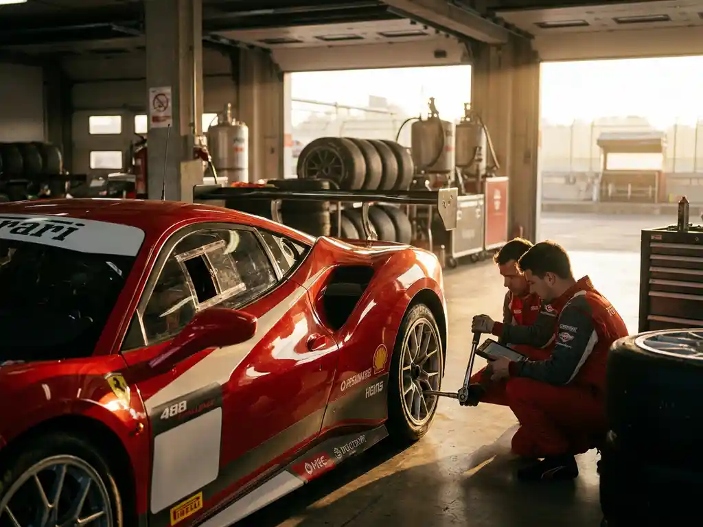 Ferrari Challenge Rennwagen in sonnenbeschienener Boxengasse, Mechaniker mit Werkzeug an roter Karosserie, Reifenstapel im Hintergrund.