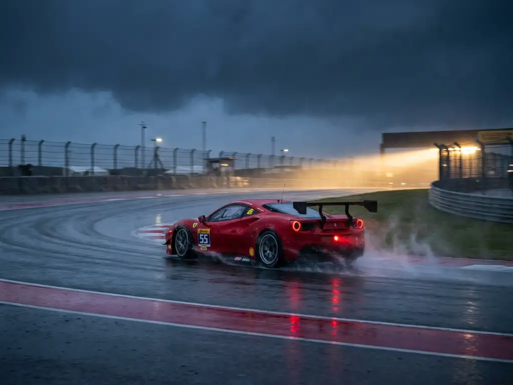 Ferrari Challenge Rennwagen in nasser Kurve, Wasserfontänen spritzen von den Hinterrädern, dunkle Gewitterwolken über der Rennstrecke.