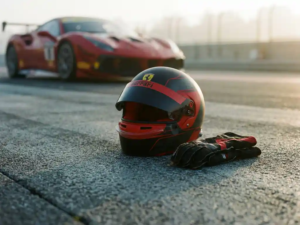 Ferrari-Rennhelm auf dem Asphalt der Boxengasse, Fahrerhandschuhe daneben, roter Ferrari Challenge im morgendlichen Nebel unscharf im Hintergrund.