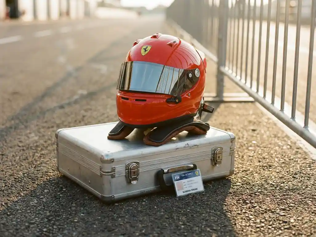 Ferrari-Rennhelm in Rot auf poliertem Aluminium-Koffer neben einem Motorsport-Lizenzdokument im Fahrerlager.