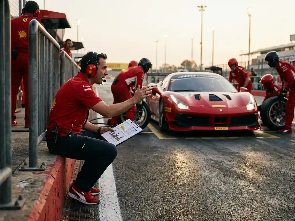 Ferrari-Renningenieur mit Headset und Datenboard kauert an der Boxenmauer, während ein roter Ferrari 488 Challenge einfährt.