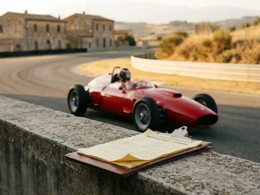 Roter Ferrari in schneller Kurvenfahrt auf europäischer Rennstrecke, Fahrer im Cockpit, Versicherungsdokument auf Pit-Wall-Klemmbrett.