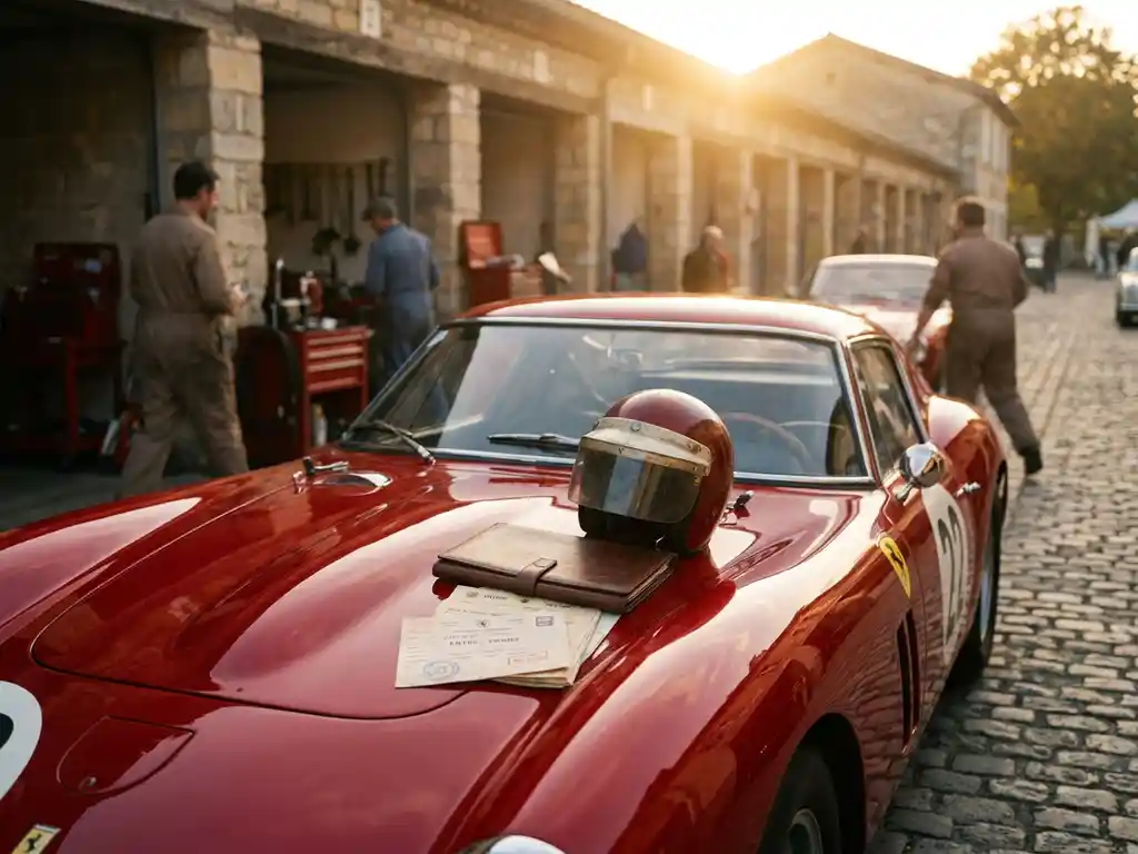 Roter Ferrari-Rennsportwagen im Pit Lane eines europäischen Circuits bei goldener Stunde, Helm und Startdokumente auf der Motorhaube.