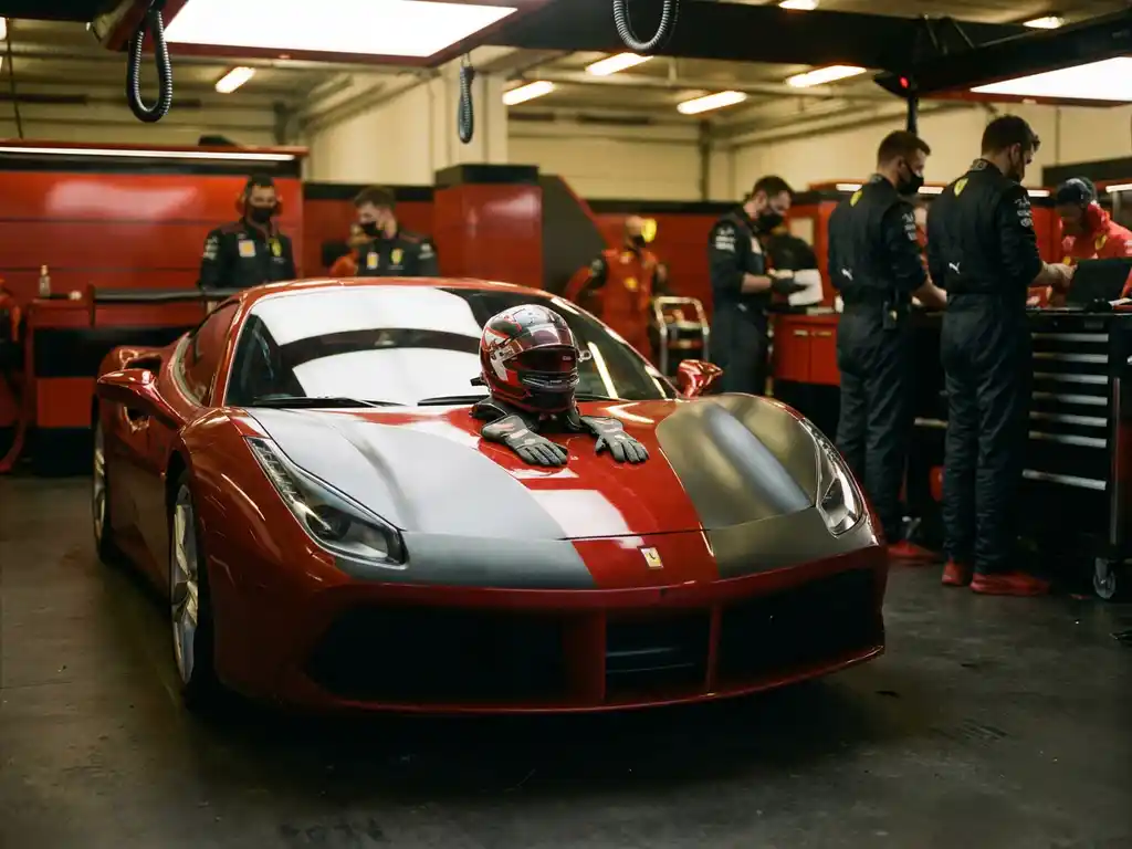 Ferrari-Rennwagen in Scuderia-Rot mit Helm und Handschuhen auf der Motorhaube in einer Formel-1-Boxengasse.