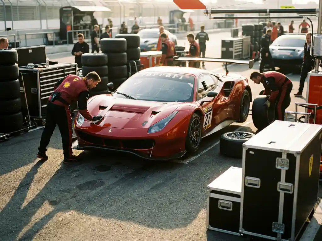 Roter Ferrari-Rennwagen in der Boxengasse, umgeben von Mechanikern in Teamkleidung und Reifenstapeln im warmen Morgenlicht.