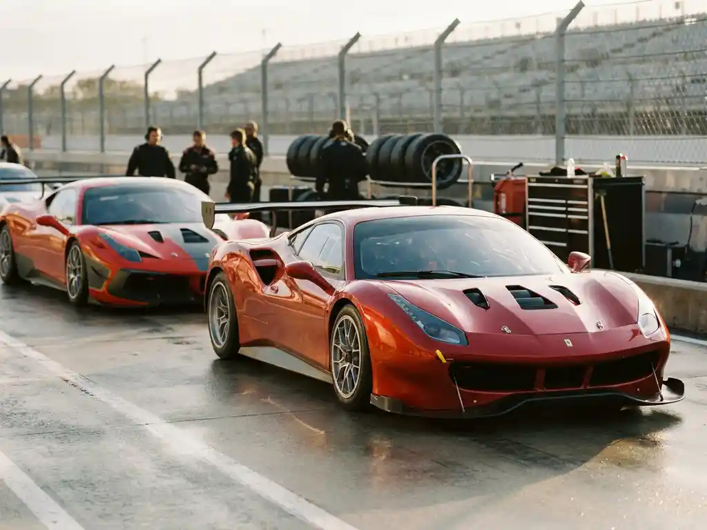 Zwei rote Ferrari-Rennautos auf sonnenbeschienener Boxengasse, Slick-Reifen und aerodynamische Karosserie, goldenes Licht auf glattem Asphalt.