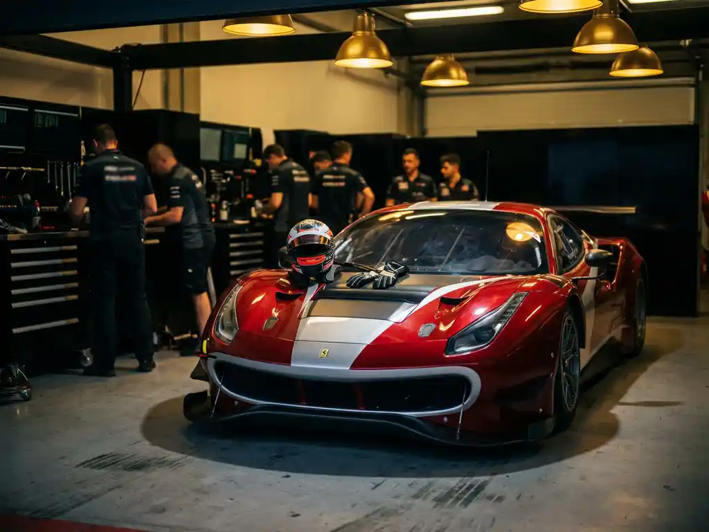 Roter Ferrari-Rennwagen in der Boxengasse mit Rennhelm und feuerfesten Handschuhen auf der Motorhaube, Mechaniker im Hintergrund.