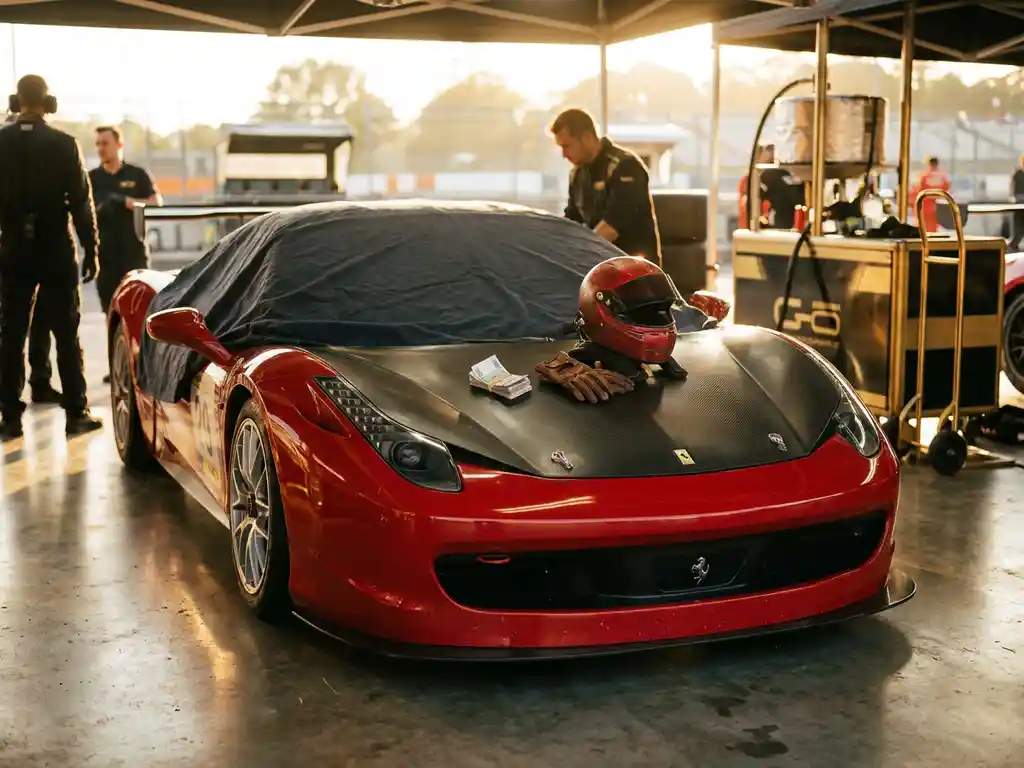 Roter Ferrari-Rennwagen in der Boxengasse mit Rennhelm, Lederhandschuhen und Euroscheinen auf der Motorhaube.