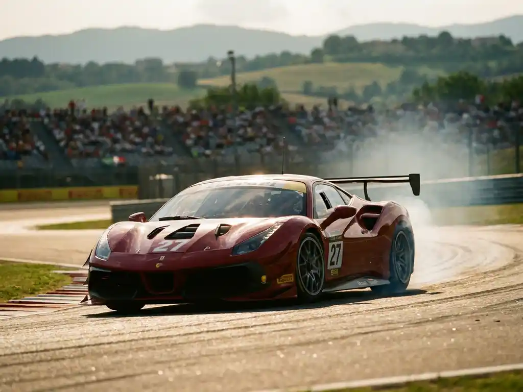 Roter Ferrari-Rennwagen in schneller Kurvenfahrt auf sonnenbeschienem europäischen Rennkurs mit Tribünen und grünen Hügeln.