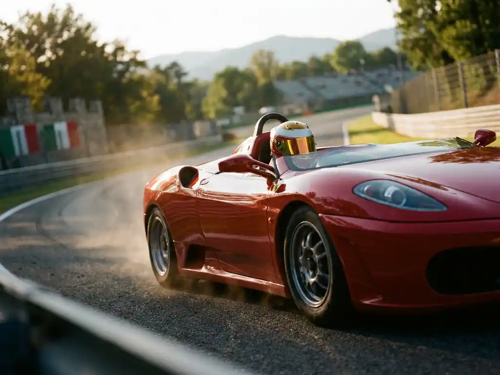 Roter Ferrari-Rennwagen in schneller Kurvenfahrt auf sonnenbeschienem europäischem Rundkurs, Tiefwinkelaufnahme mit Bokeh-Hintergrund.