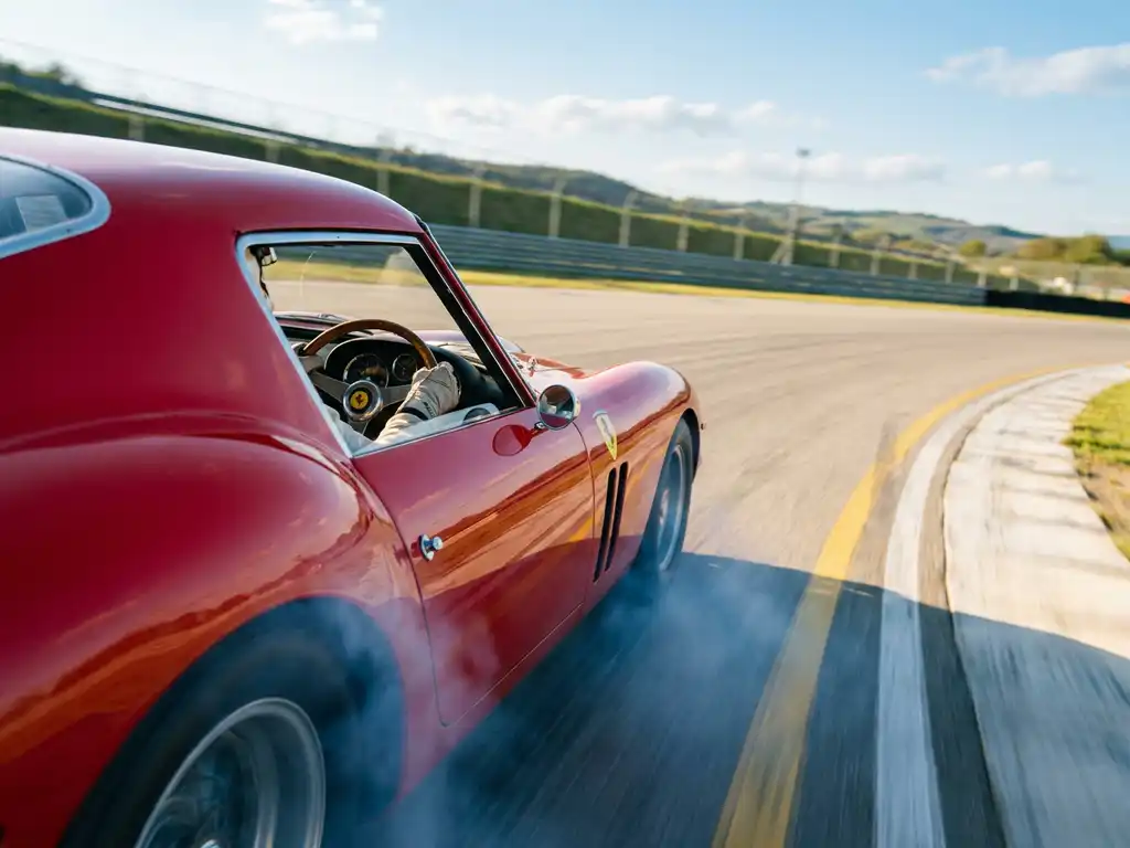 Ferrari-Rennwagen in schneller Kurvenfahrt, Reifenrauch am Heck, leuchtendes Rot vor grauem Asphalt und blauem Himmel.