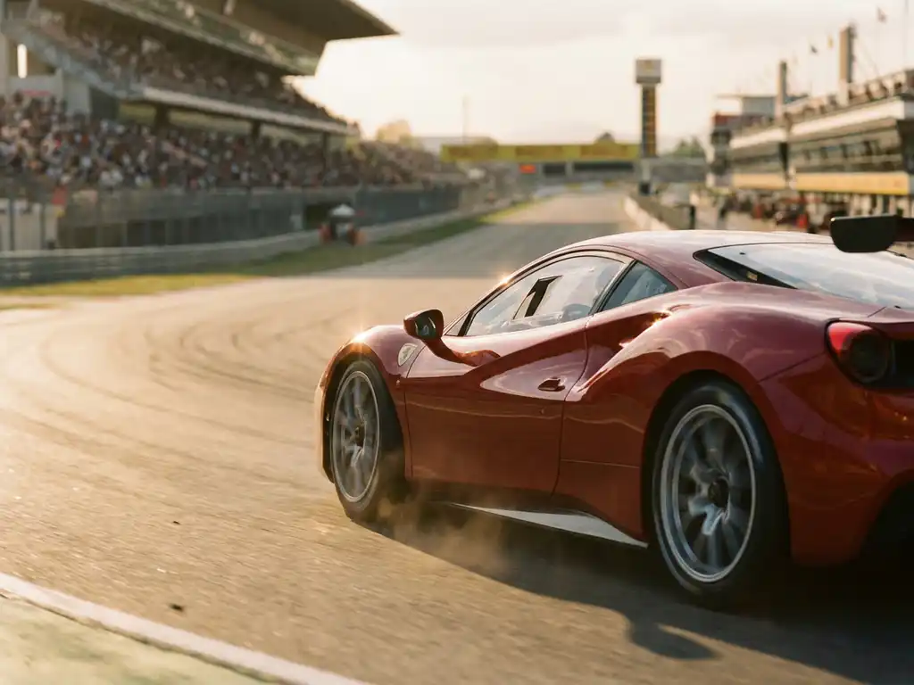 Roter Ferrari-Rennwagen in schneller Kurvenfahrt auf sonnenbeschienemem Circuit, Tribünen im unscharfen Hintergrund.