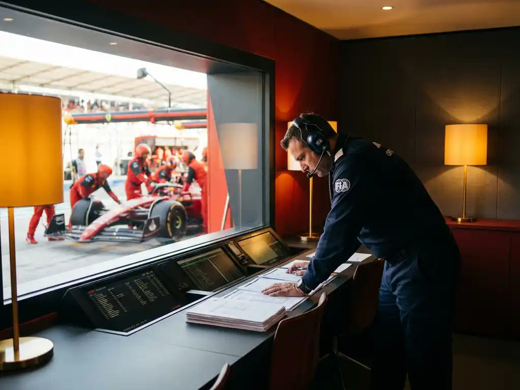 Formel-1-Rennkommissar in dunkler Uniform prüft Dokumente am Timing-Desk, roter Ferrari durch Glasscheibe im Hintergrund sichtbar.